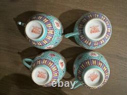 Turquoise Mun Shou Longevity Rose Jingdezhen Teapot Tray and Cups Vtg Set