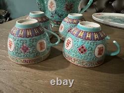 Turquoise Mun Shou Longevity Rose Jingdezhen Teapot Tray and Cups Vtg Set