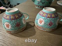 Turquoise Mun Shou Longevity Rose Jingdezhen Teapot Tray and Cups Vtg Set