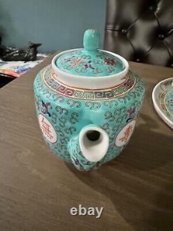 Turquoise Mun Shou Longevity Rose Jingdezhen Teapot Tray and Cups Vtg Set