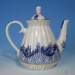 USSR Russian Lomonosov Red Stamp Blue Porcelain Teapot, Creamer, Sugar Bowl