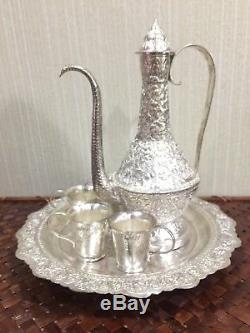 Unique Ornate Solid Silver Asian Handicrafts Exotic Teapot Set Embossed with Lid