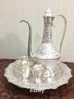 Unique Ornate Solid Silver Asian Handicrafts Exotic Teapot Set Embossed with Lid