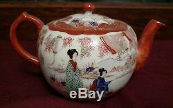 Unsigned Geisha Kutani Porcelain Tea Set Japan Tea Pot, Creamer & Sugar Bowl