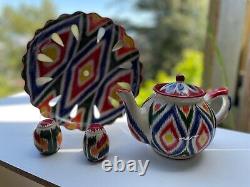 Uzbek Traditional Art Tableware Set Of 4, Plate, Salt & Pepper, Tea Pot