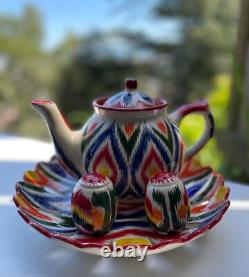 Uzbek Traditional Art Tableware Set Of 4, Plate, Salt & Pepper, Tea Pot