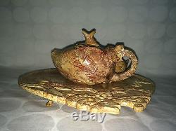 VINTAGE ASIAN CHINESE HAND CARVED SOAPSTONE TEA SET 2 CUPS POT TRAY COLLECTIBLE
