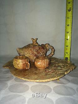 VINTAGE ASIAN CHINESE HAND CARVED SOAPSTONE TEA SET 2 CUPS POT TRAY COLLECTIBLE