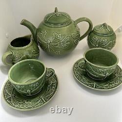 VINTAGE BORDALLO PINHEIRO PORTUGAL GREEN DRAGONFLY TEAPOT Set (By Cost Plus)