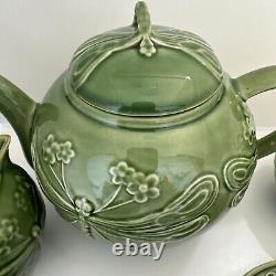 VINTAGE BORDALLO PINHEIRO PORTUGAL GREEN DRAGONFLY TEAPOT Set (By Cost Plus)