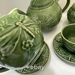 VINTAGE BORDALLO PINHEIRO PORTUGAL GREEN DRAGONFLY TEAPOT Set (By Cost Plus)