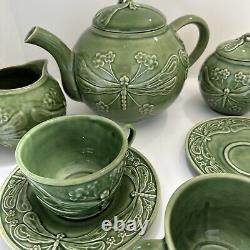 VINTAGE BORDALLO PINHEIRO PORTUGAL GREEN DRAGONFLY TEAPOT Set (By Cost Plus)