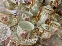 VINTAGE ROYAL JAPAN SEALY TEA POT CREAMER SUGAR CUP SAUCER SET for 6 GOLD RIM