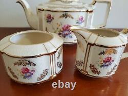 VINTAGE SADLER OVAL TEAPOT WithCREAM & SUGAR PINK ROSES & GOLD GILT RARE SET