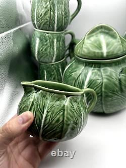 VTG Bordallo Pinheiro Cabbage Ceramic Green Tea Pot Set Vintage Portugal Set 9
