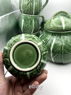 VTG Bordallo Pinheiro Cabbage Ceramic Green Tea Pot Set Vintage Portugal Set 9