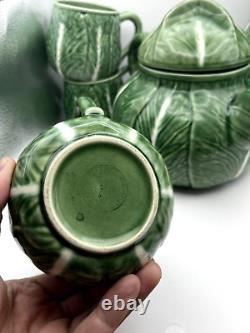 VTG Bordallo Pinheiro Cabbage Ceramic Green Tea Pot Set Vintage Portugal Set 9