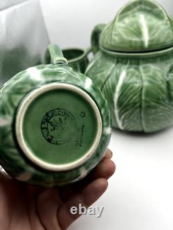 VTG Bordallo Pinheiro Cabbage Ceramic Green Tea Pot Set Vintage Portugal Set 9