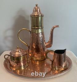 VTG Flemish Copper Brass Coffee Tea Pot w Infuser, Creamer, Sugar, & Copper Tray