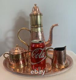 VTG Flemish Copper Brass Coffee Tea Pot w Infuser, Creamer, Sugar, & Copper Tray