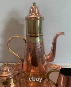 VTG Flemish Copper Brass Coffee Tea Pot w Infuser, Creamer, Sugar, & Copper Tray