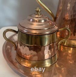 VTG Flemish Copper Brass Coffee Tea Pot w Infuser, Creamer, Sugar, & Copper Tray