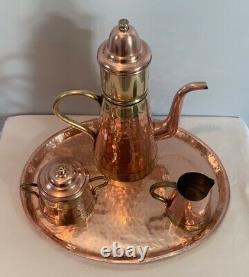 VTG Flemish Copper Brass Coffee Tea Pot w Infuser, Creamer, Sugar, & Copper Tray