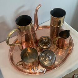 VTG Flemish Copper Brass Coffee Tea Pot w Infuser, Creamer, Sugar, & Copper Tray