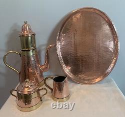 VTG Flemish Copper Brass Coffee Tea Pot w Infuser, Creamer, Sugar, & Copper Tray