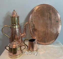 VTG Flemish Copper Brass Coffee Tea Pot w Infuser, Creamer, Sugar, & Copper Tray