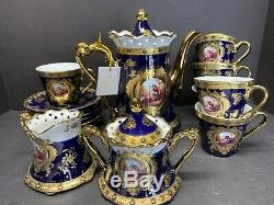 VTG Imperial Limoges Teapot Set Of 15 in Cobalt Blue & Gold Floral New Old Stock