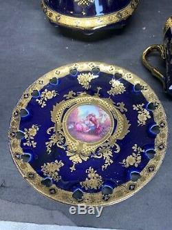 VTG Imperial Limoges Teapot Set Of 15 in Cobalt Blue & Gold Floral New Old Stock