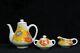 Vtg Mancioli 3pc Teapot Set Creamer & Sugar Bowl Mcm Orange Yellow Poppy Flower