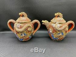 VTG Porcelain Dragon Ware Moriage Satsuma Tea Set Teapots Lithophane Geisha 688