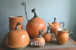 VTG Signed Studio Pottery 16 Pumpkin Set Soup Toureen Bowls Tea Pot Ladle S+P