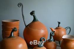 VTG Signed Studio Pottery 16 Pumpkin Set Soup Toureen Bowls Tea Pot Ladle S+P