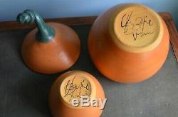 VTG Signed Studio Pottery 16 Pumpkin Set Soup Toureen Bowls Tea Pot Ladle S+P