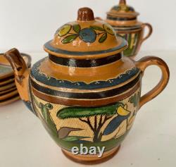 VTG Teapot SET (14 pc) Tlaquepaque, Jalisco Mexico Red Ware Pottery HAND PAINTED