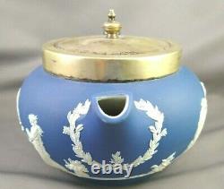 VTG Wedgwood England Cobalt Blue Jasperware EPNS Teapot Creamer Sugar Set