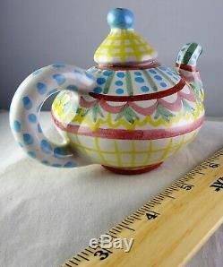 V. Rare Mackenzie Childs Miniature Teaset Teapot, Creamer, Sugar Bwl ++ Minty