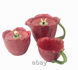 Vacher Ambiance Collection Fleur Rouge Red Poppy Teapot Sugar Dish Creamer Set