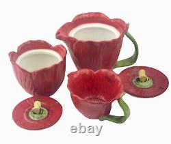 Vacher Ambiance Collection Fleur Rouge Red Poppy Teapot Sugar Dish Creamer Set
