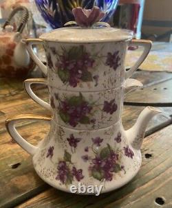 Vintage 1940's Violets Lefton Tea For One Stacking Tea Set Creamer Sugar