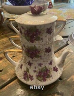Vintage 1940's Violets Lefton Tea For One Stacking Tea Set Creamer Sugar