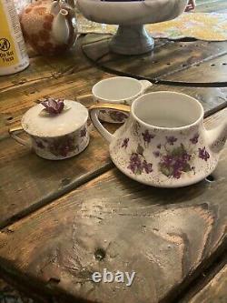Vintage 1940's Violets Lefton Tea For One Stacking Tea Set Creamer Sugar