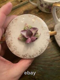 Vintage 1940's Violets Lefton Tea For One Stacking Tea Set Creamer Sugar