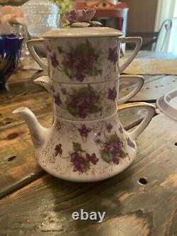 Vintage 1940's Violets Lefton Tea For One Stacking Tea Set Creamer Sugar