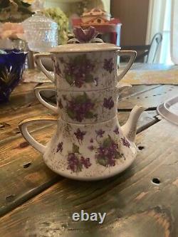 Vintage 1940's Violets Lefton Tea For One Stacking Tea Set Creamer Sugar