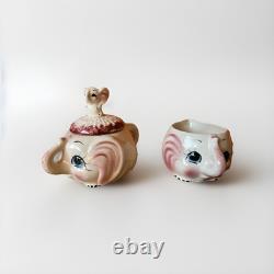 Vintage 1950's Ceramic ELEPHANT Tea Pot, Cups, Saucers, Creamer, Sugar Set. EUC