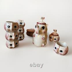 Vintage 1950's Ceramic ELEPHANT Tea Pot, Cups, Saucers, Creamer, Sugar Set. EUC